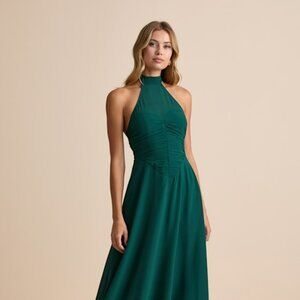 Lulus Cammie Emerald Halter Neck Ruched Maxi Dress Green - Size S